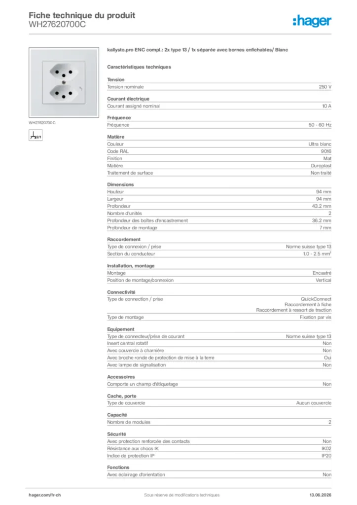 Image Hager Fiche technique du produit WH27620700C | Hager Suisse