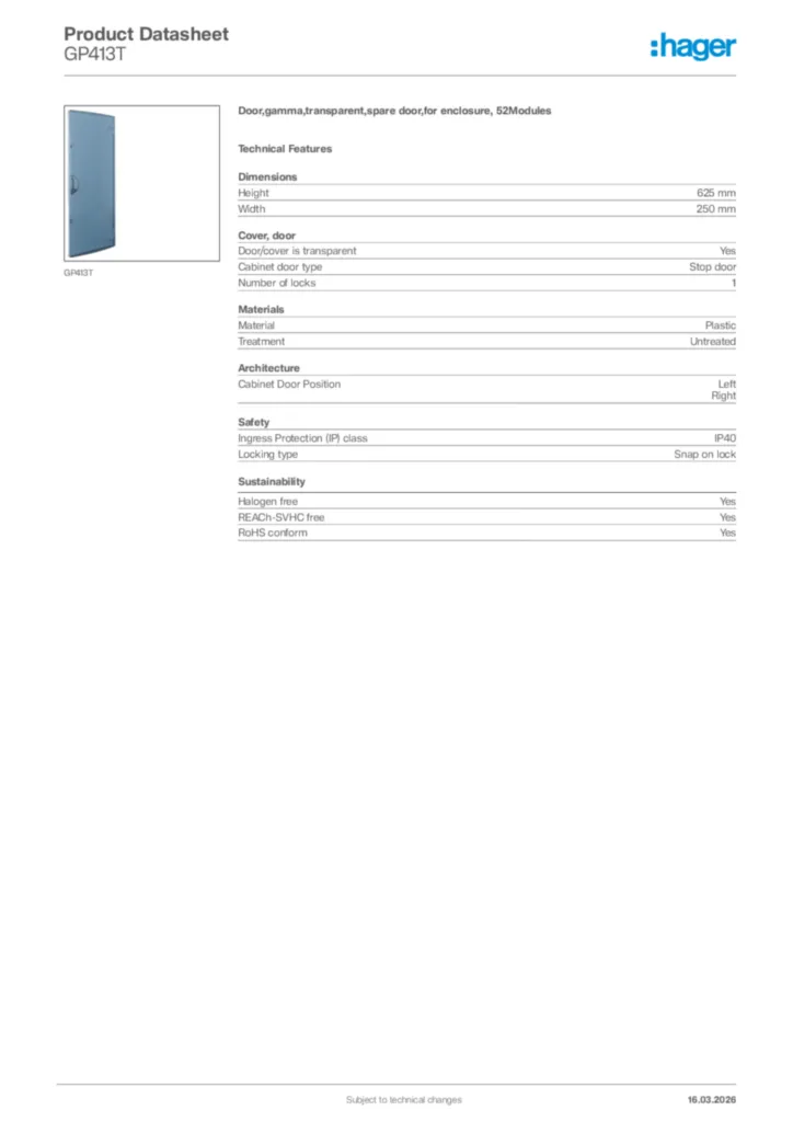 Image Hager Product data sheet GP413T  | Hager Africa