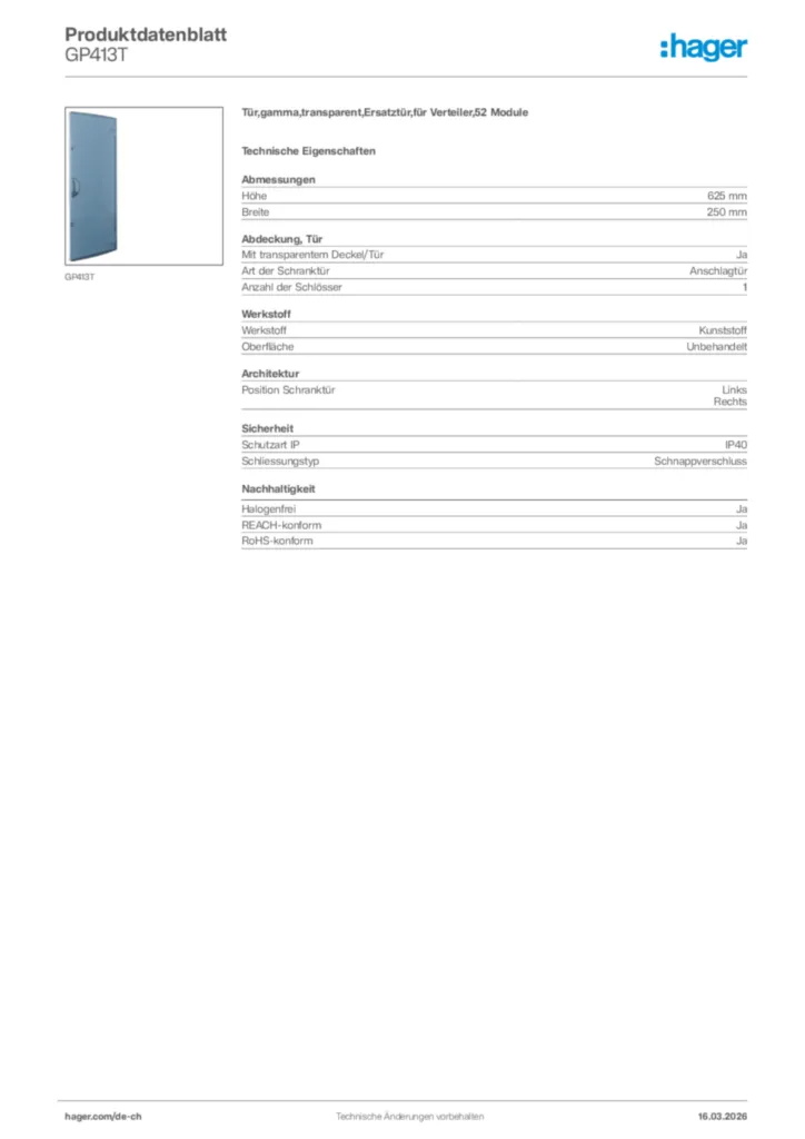 Bild Hager Produktdatenblatt GP413T | Hager Schweiz