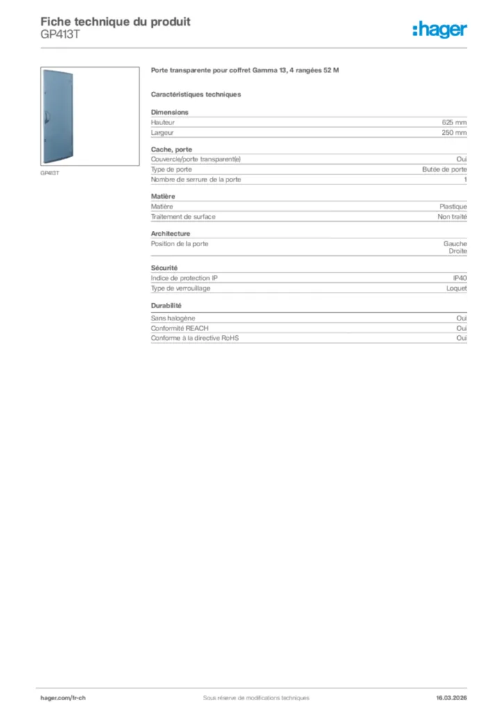 Image Hager Fiche technique du produit GP413T | Hager Suisse