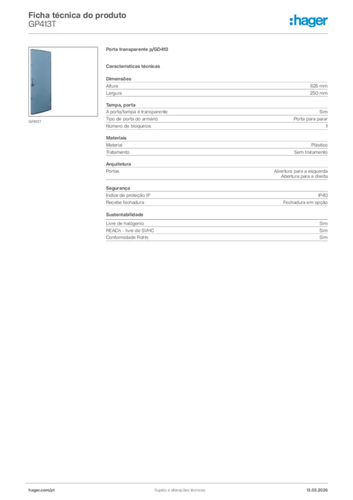 Imagem Hager Ficha técnica do produto GP413T | Hager Portugal