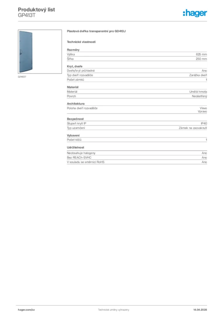 Obrázek Hager Product data sheet GP413T | Hager