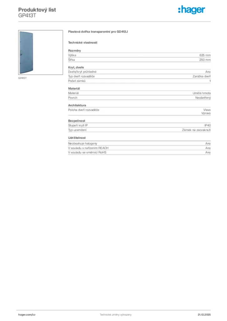 Obrázek Hager Produktový list GP413T | Hager