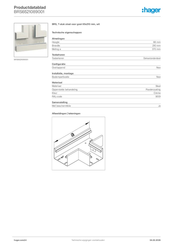 Afbeelding Hager Productdatablad BRS6521089001 | Hager Nederland