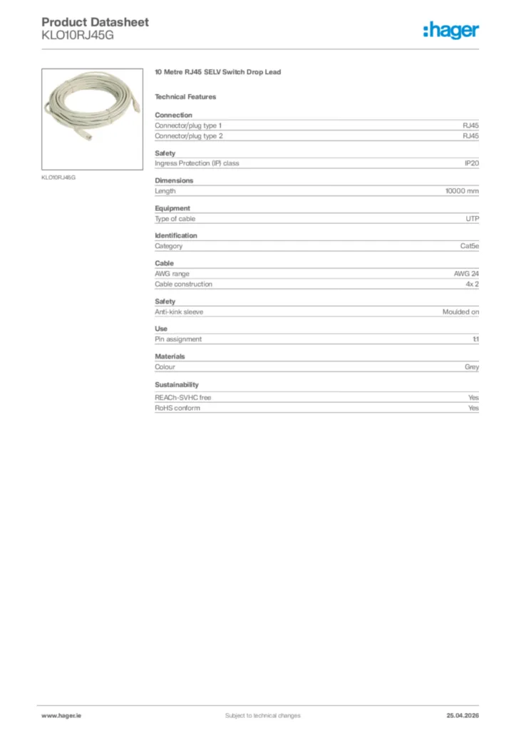 Image Hager Product data sheet KLO10RJ45G  | Hager
