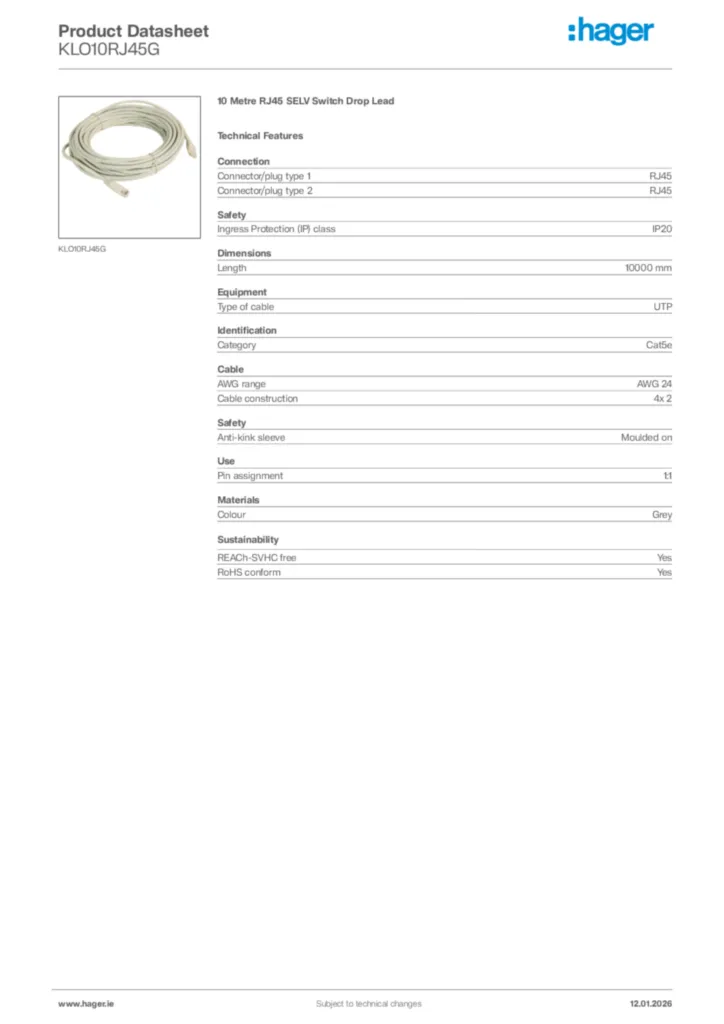 Image Hager Product data sheet KLO10RJ45G  | Hager