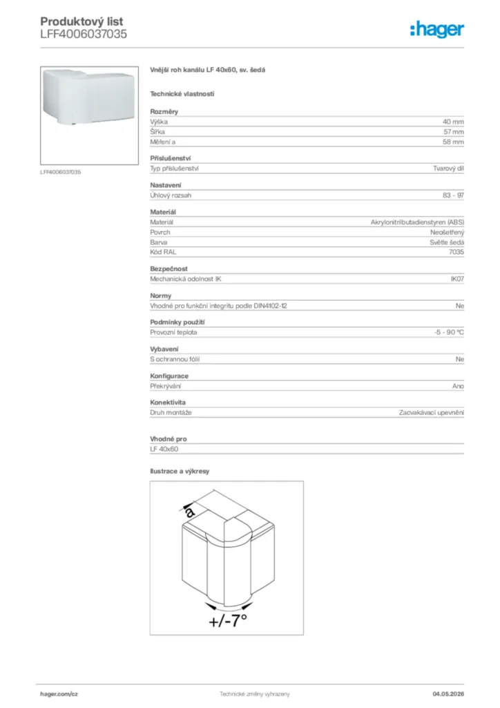 Obrázek Hager Product data sheet LFF4006037035 | Hager