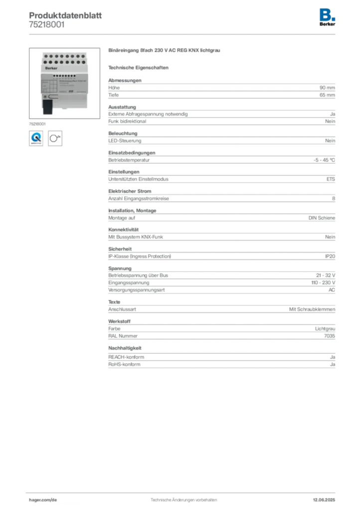 Bild Berker Produktdatenblatt 75218001 | Hager Deutschland