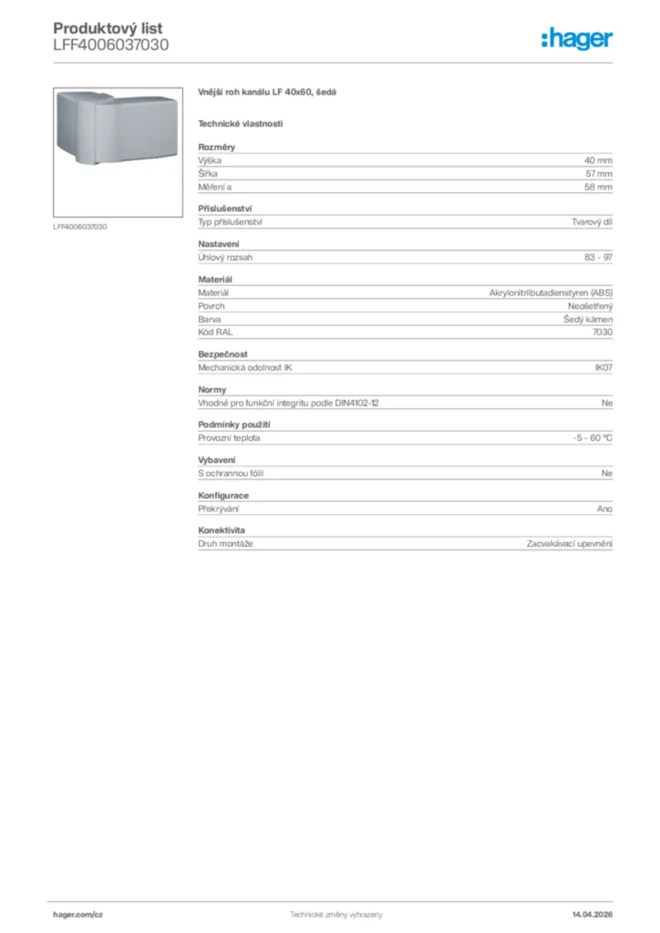 Obrázek Hager Product data sheet LFF4006037030 | Hager