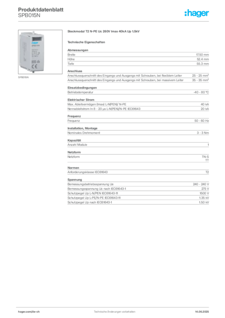 Bild Hager Produktdatenblatt SPB015N | Hager Schweiz