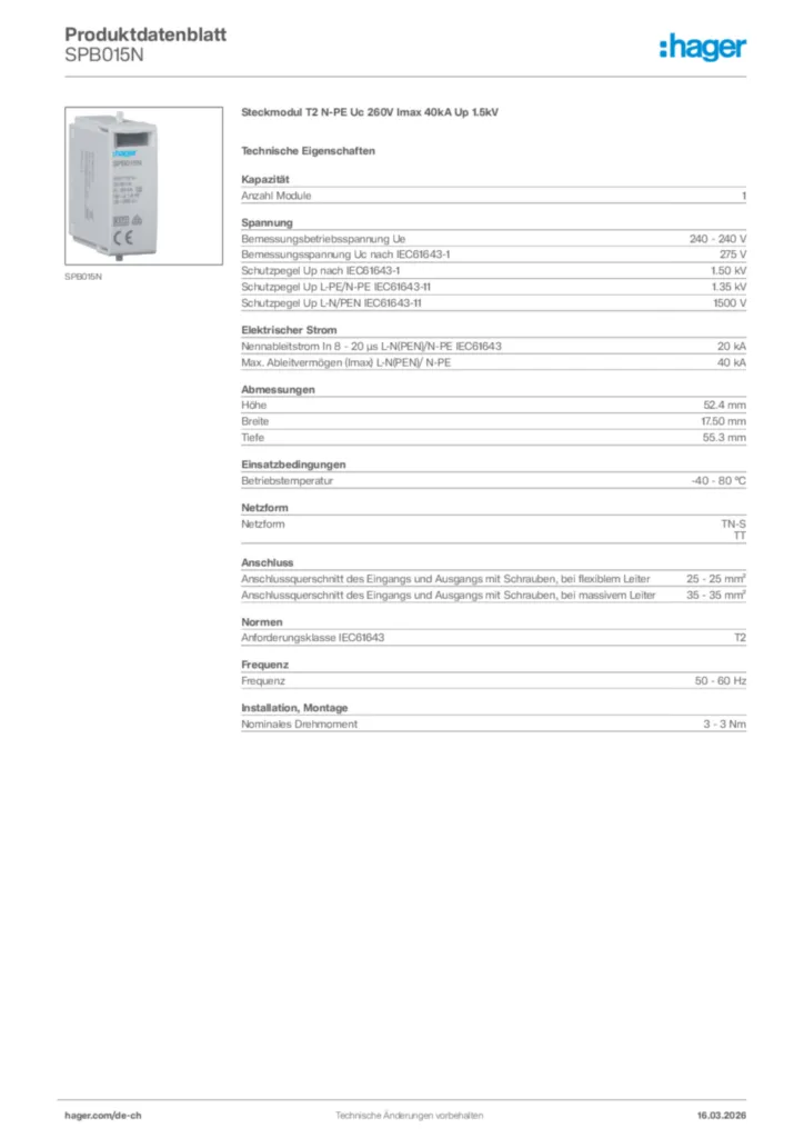 Bild Hager Produktdatenblatt SPB015N | Hager Schweiz