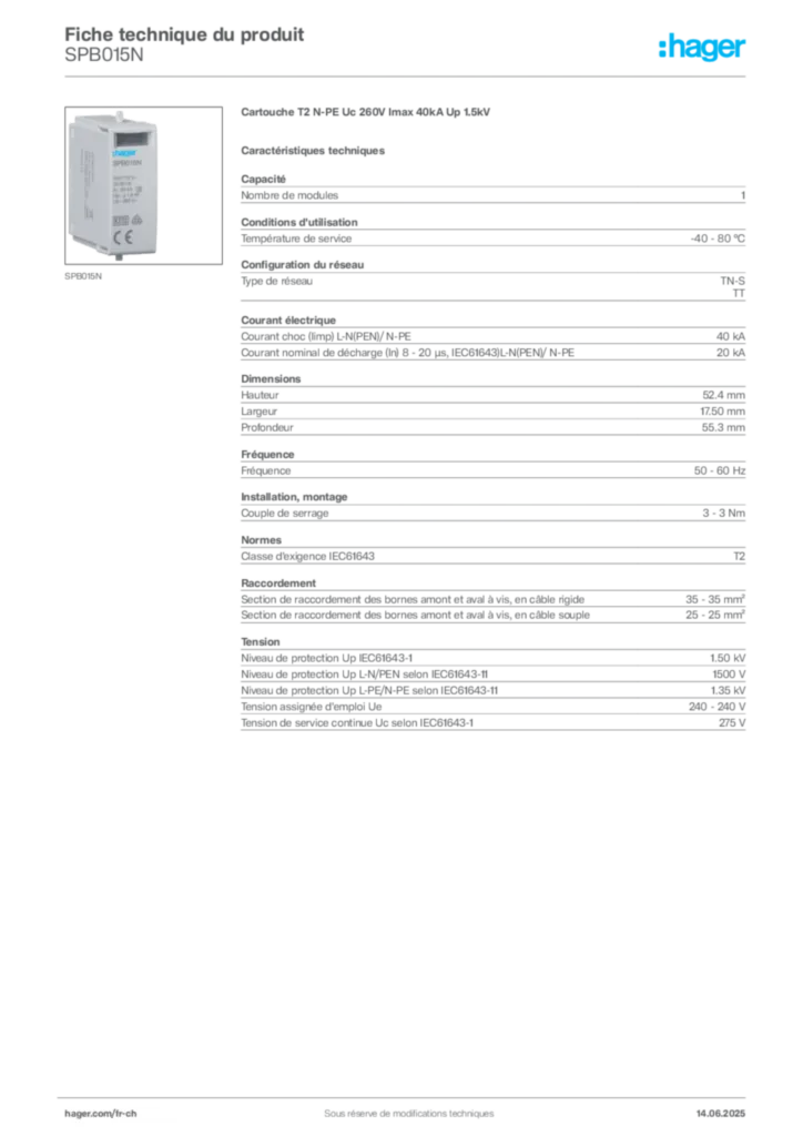 Image Hager Fiche technique du produit SPB015N | Hager Suisse