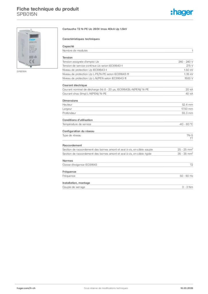 Image Hager Fiche technique du produit SPB015N | Hager Suisse