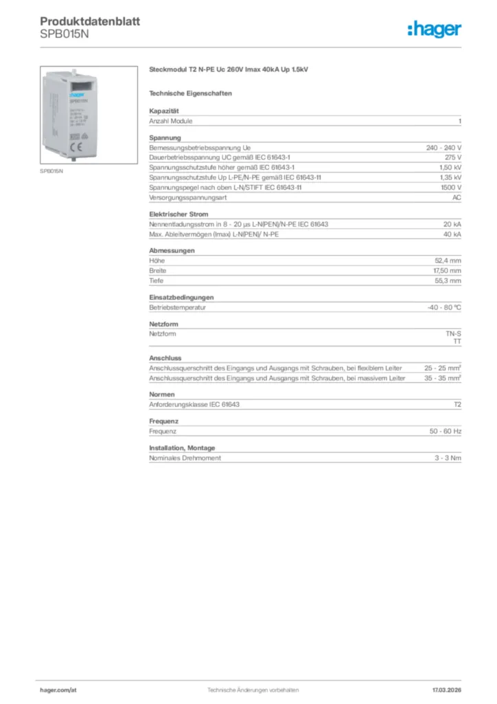 Bild Hager Produktdatenblatt SPB015N | Hager Deutschland