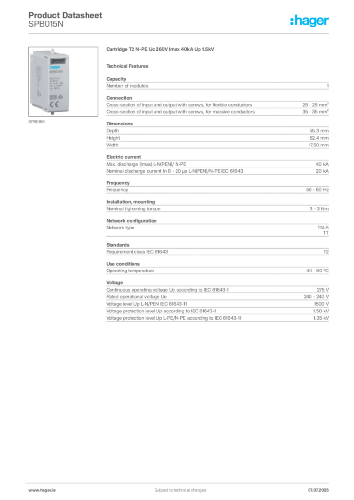 Image Hager Product data sheet SPB015N  | Hager