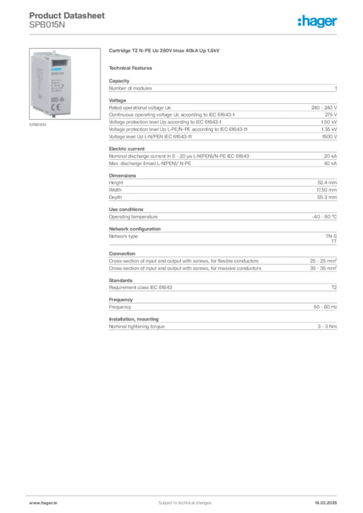 Image Hager Product data sheet SPB015N  | Hager