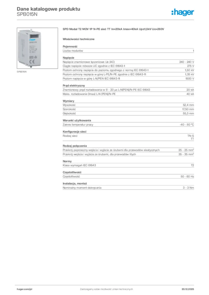 Zdjęcie Hager Dane katalogowe produktu SPB015N | Hager Polska