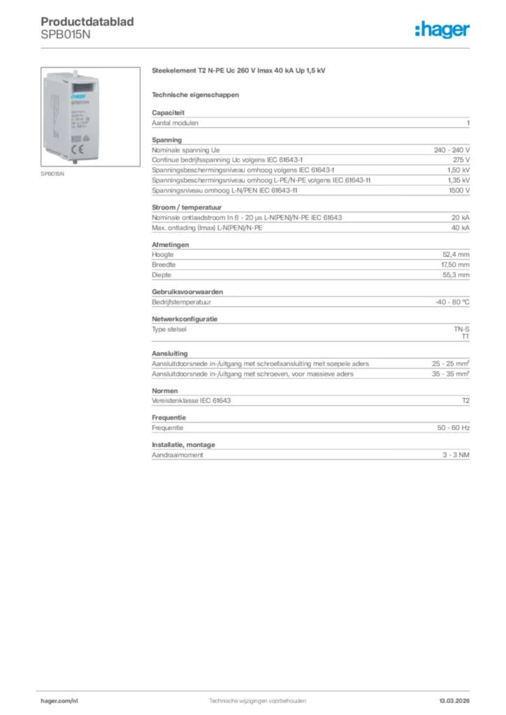 Afbeelding Hager Productdatablad SPB015N | Hager Nederland