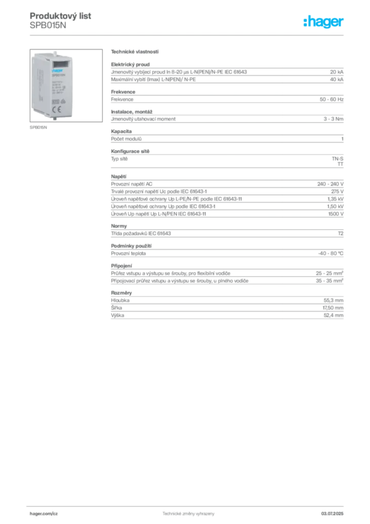 Obrázek Hager Produktový list SPB015N | Hager