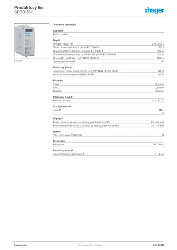 Obrázek Hager Product data sheet SPB015N | Hager