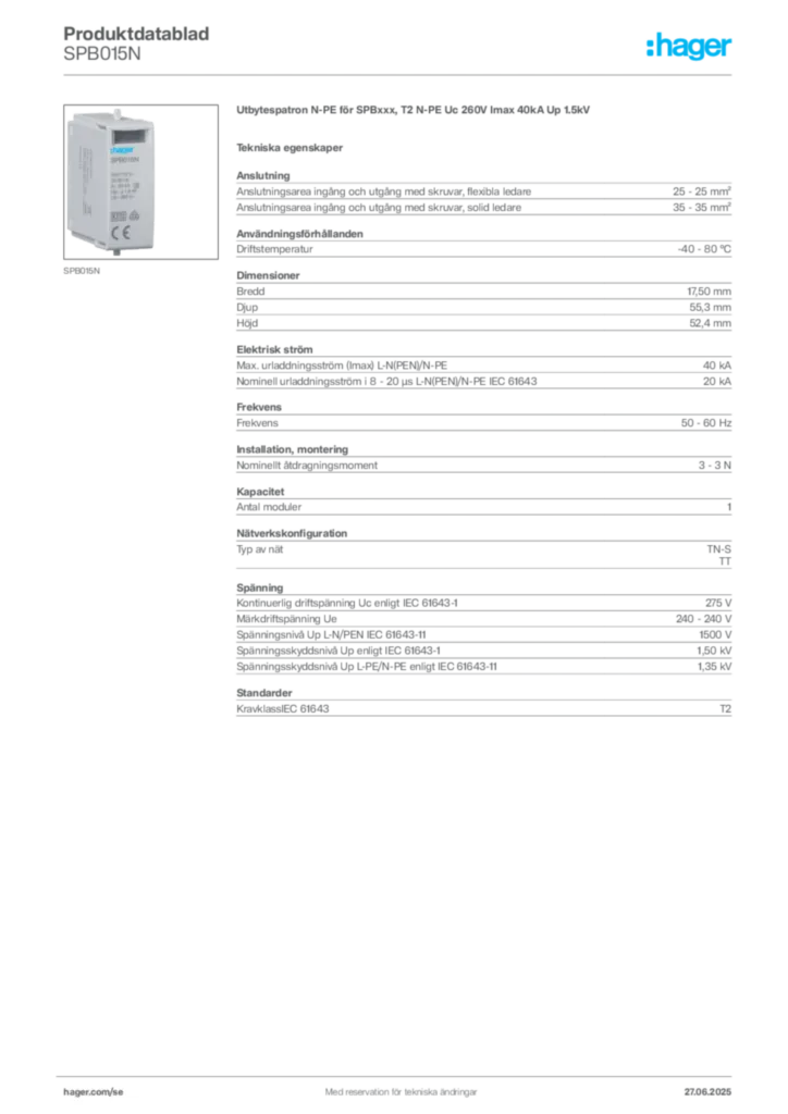 Bild Hager Produktdatablad SPB015N | Hager Sverige