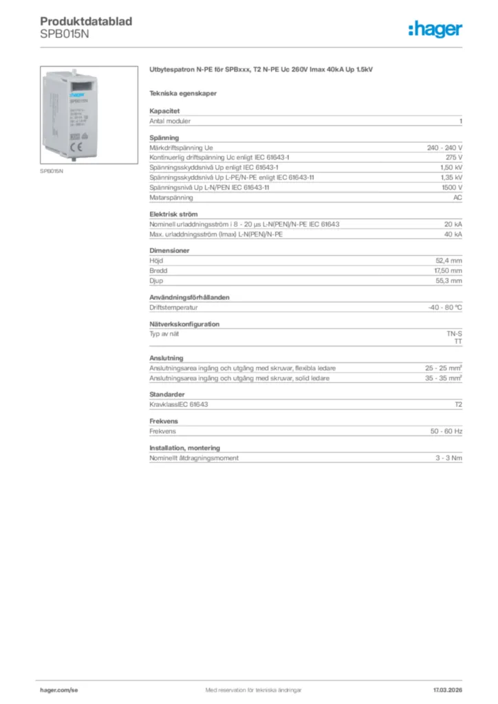 Bild Hager Produktdatablad SPB015N | Hager Sverige