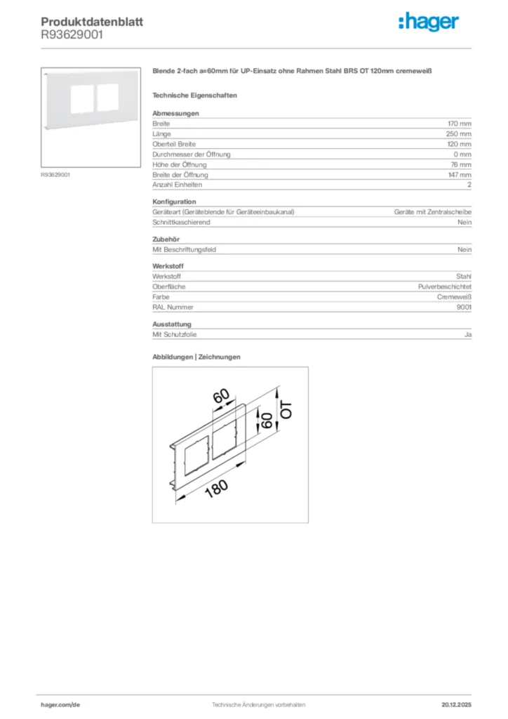 Bild Hager Produktdatenblatt R93629001 | Hager Deutschland