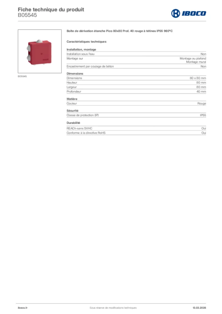 Image Iboco Fiche technique du produit B05545 | Hager France