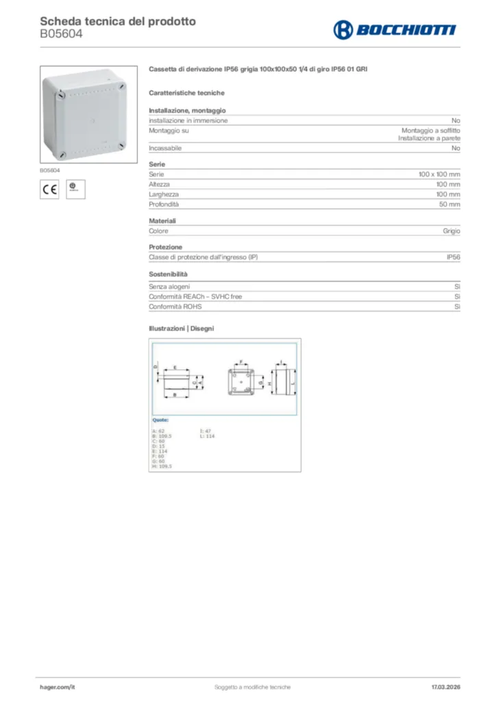 Immagine Bocchiotti Scheda tecnica del prodotto B05604 | Hager Italia