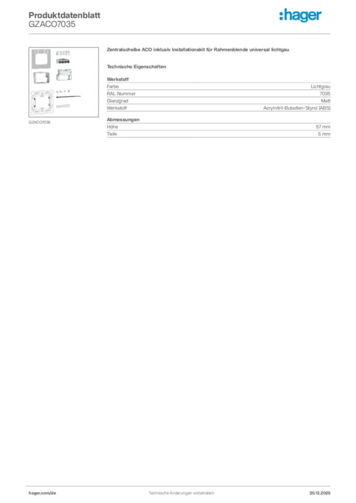 Bild Hager Produktdatenblatt GZACO7035 | Hager Deutschland