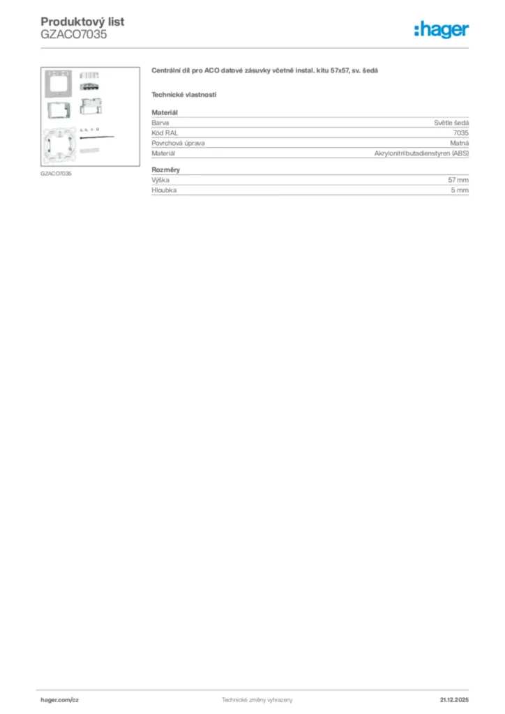 Obrázek Hager Produktový list GZACO7035 | Hager