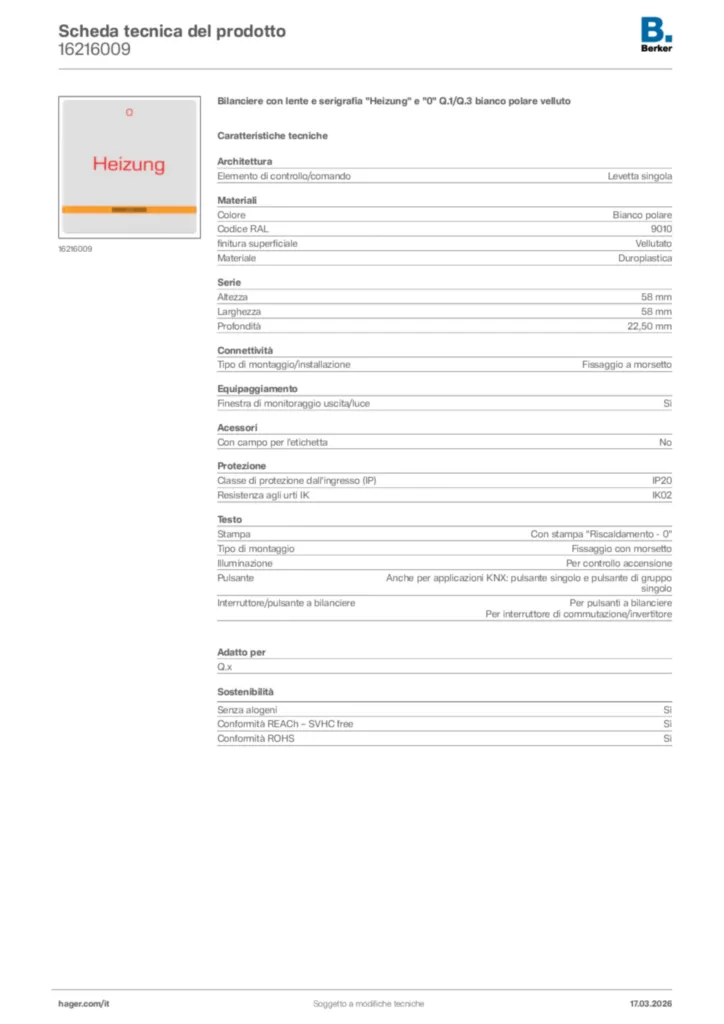 Immagine Berker Scheda tecnica del prodotto 16216009 | Hager Italia