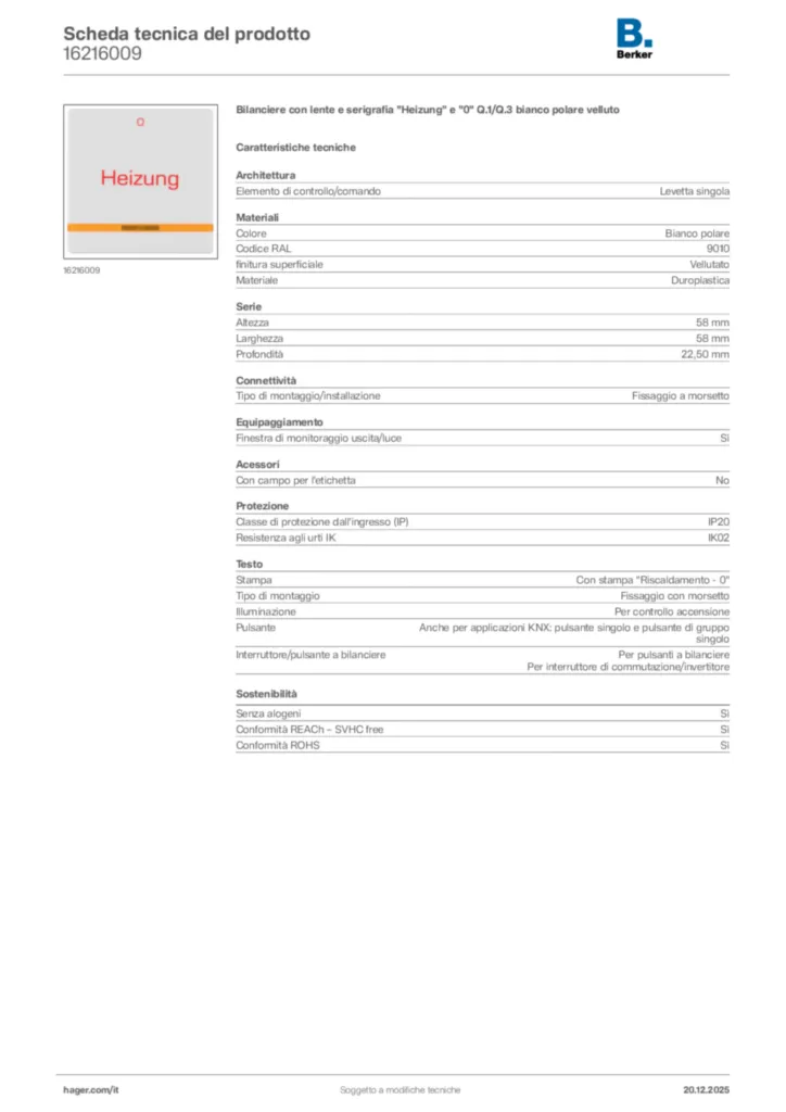 Immagine Berker Scheda tecnica del prodotto 16216009 | Hager Italia