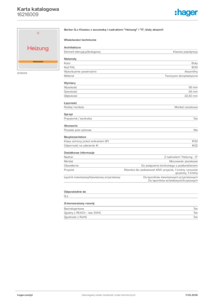 Zdjęcie Hager Karta katalogowa 16216009 | Hager Polska