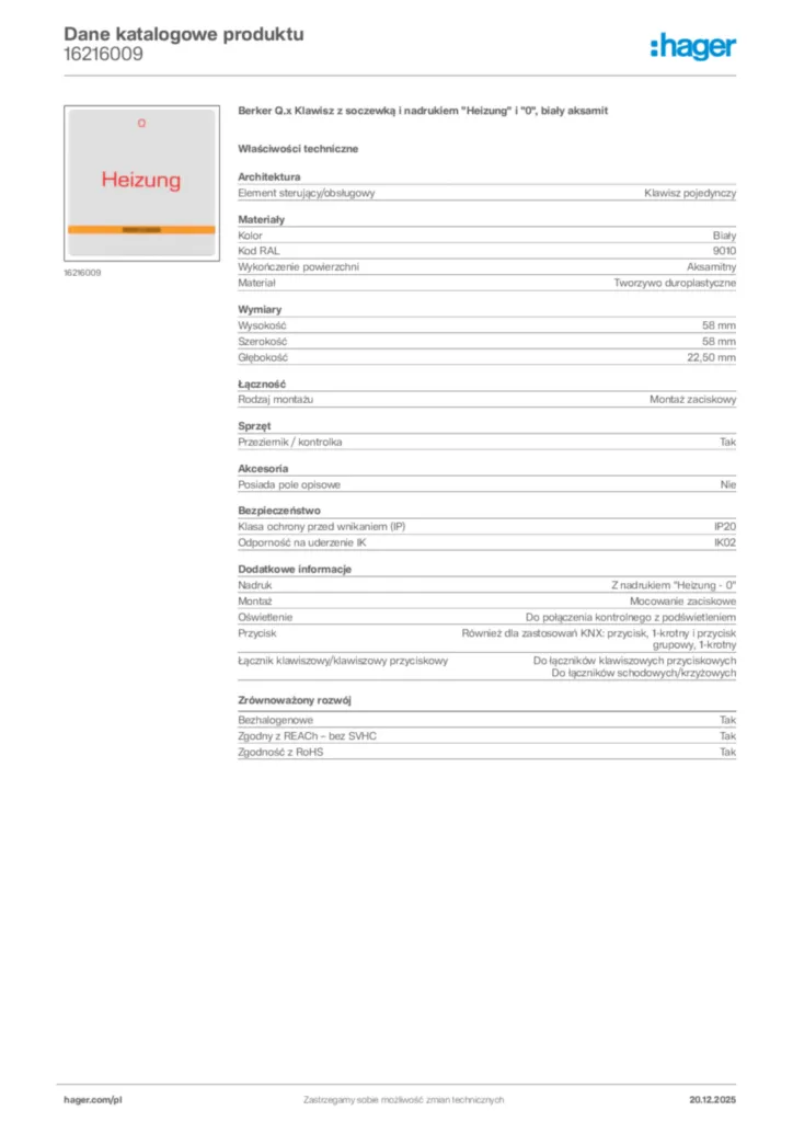 Zdjęcie Hager Dane katalogowe produktu 16216009 | Hager Polska