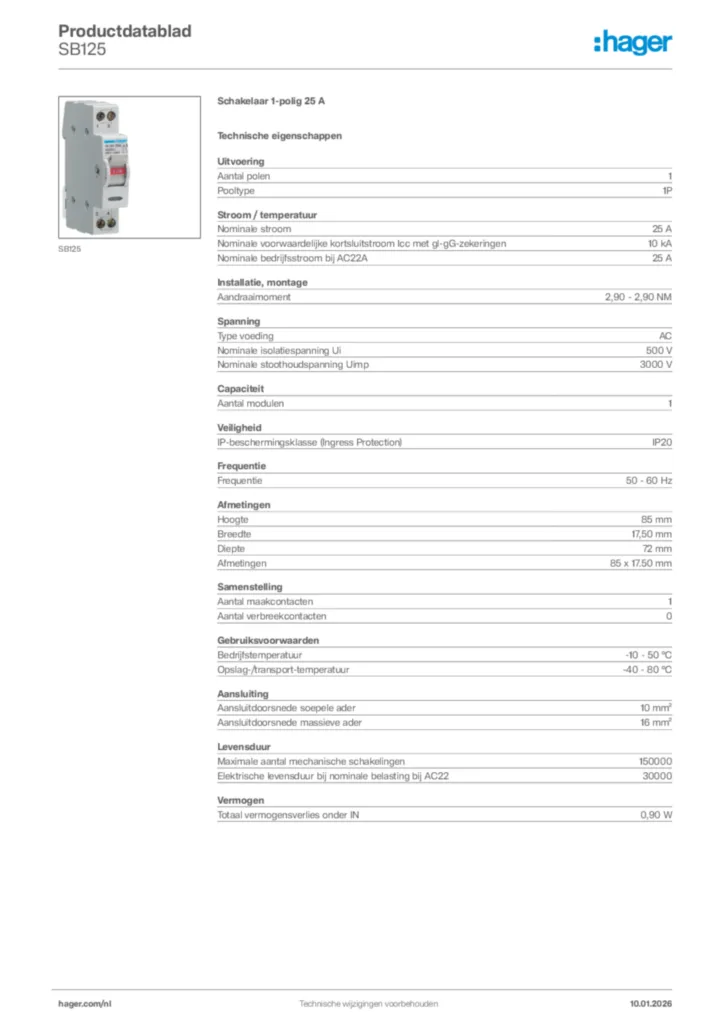 Afbeelding Hager Productdatablad SB125 | Hager Nederland