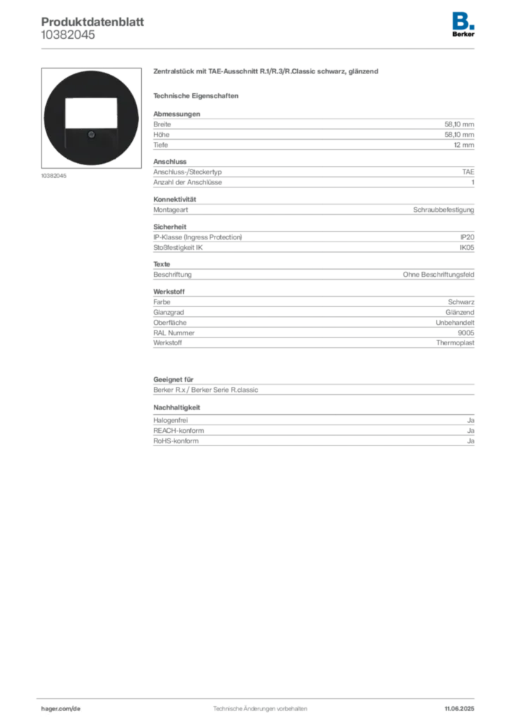 Bild Berker Produktdatenblatt 10382045 | Hager Deutschland