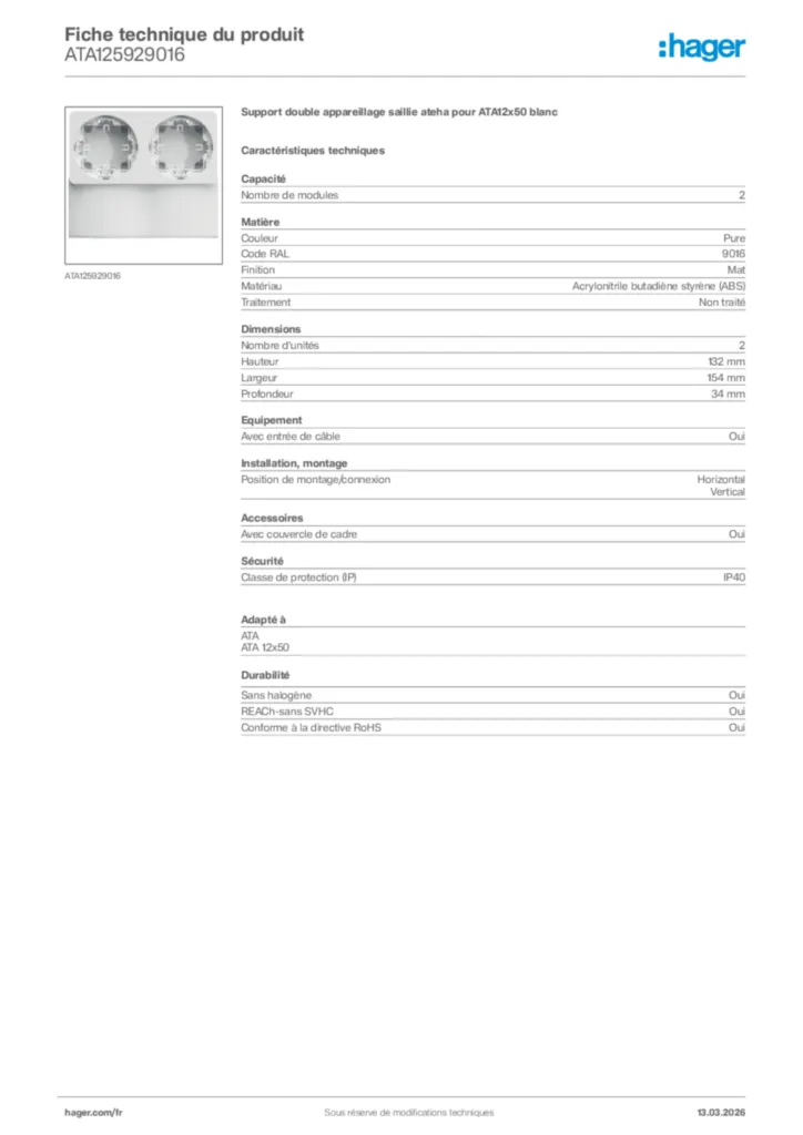 Image Hager Fiche technique du produit ATA125929016 | Hager France