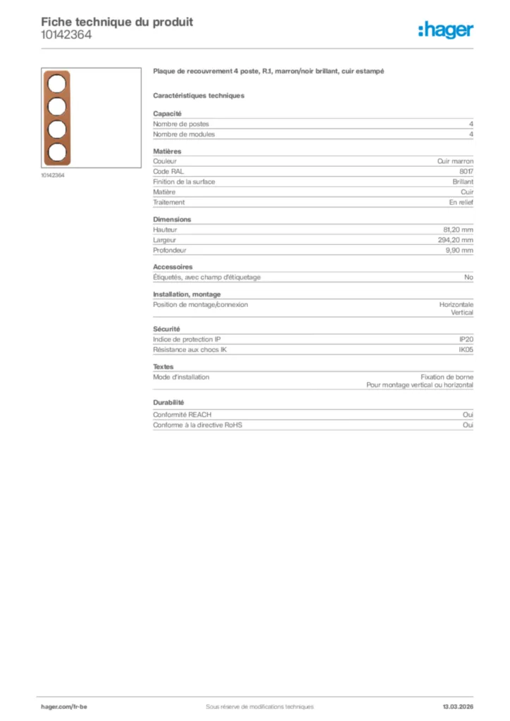 Image Hager Fiche technique du produit 10142364 | Hager Belgique