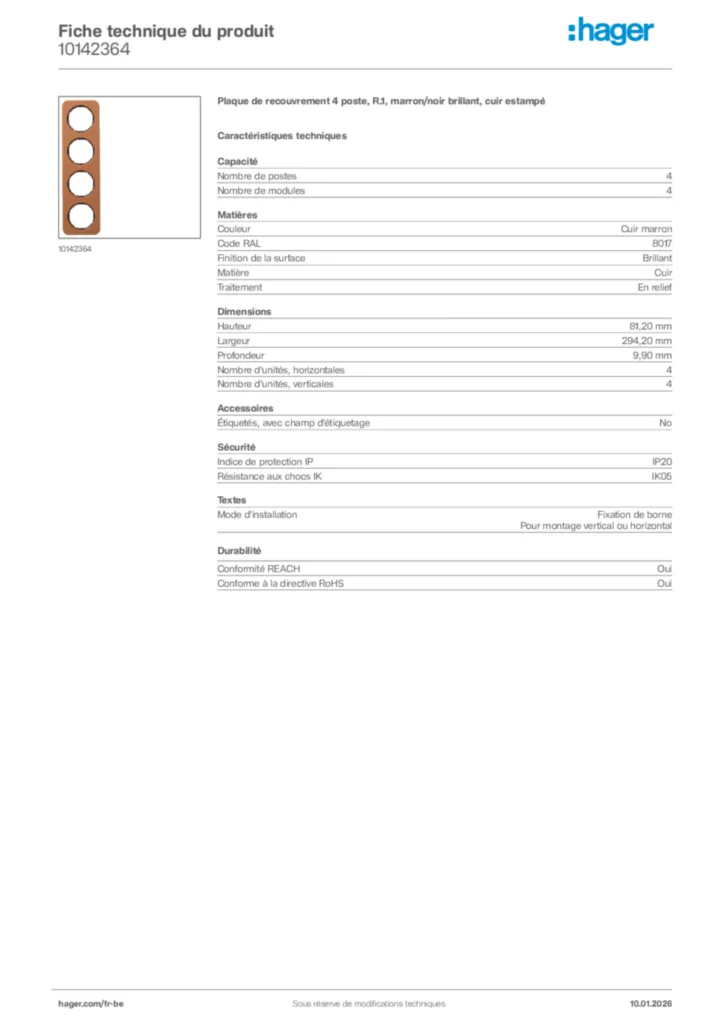 Image Hager Fiche technique du produit 10142364 | Hager Belgique