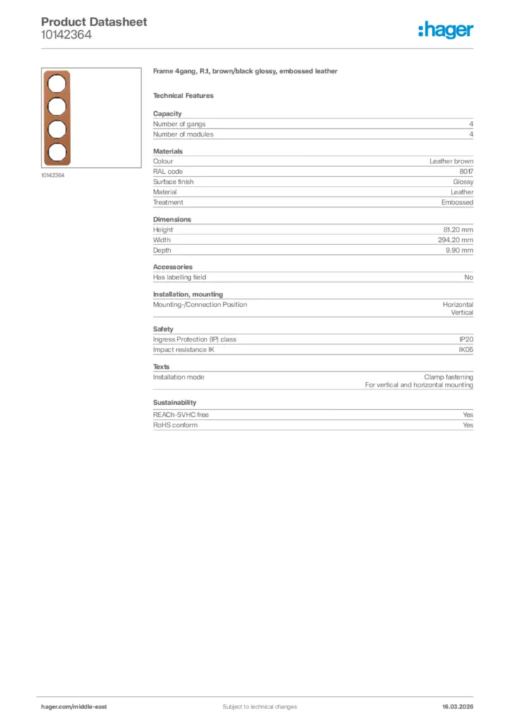 Image Hager Product data sheet 10142364  | Hager