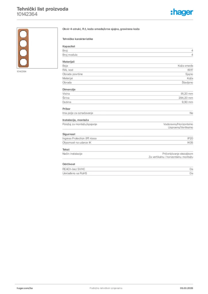 Slika Hager Tehnički list proizvoda 10142364  | Hager