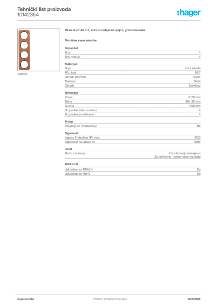 Slika Hager Product data sheet 10142364  | Hager