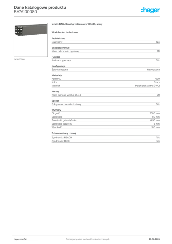 Zdjęcie Hager Dane katalogowe produktu BA7A100080 | Hager Polska