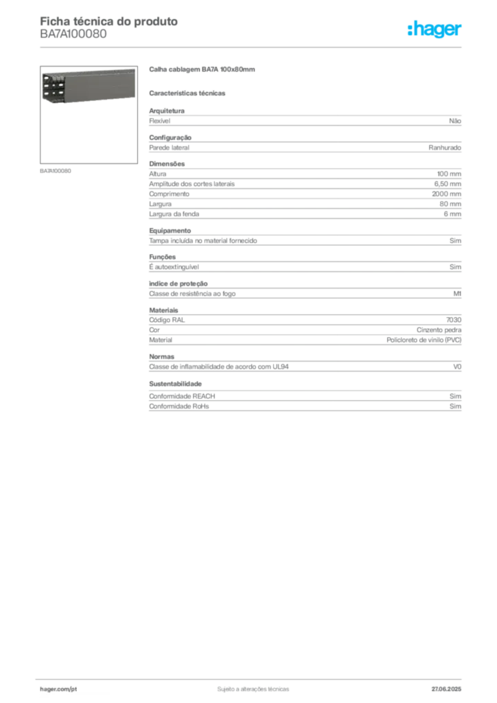 Imagem Hager Ficha técnica do produto BA7A100080 | Hager Portugal