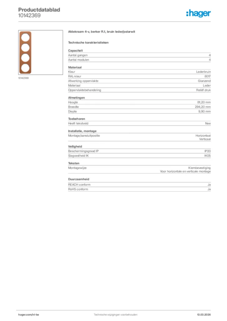 Afbeelding Hager Productdatablad 10142369 | Hager Belgium