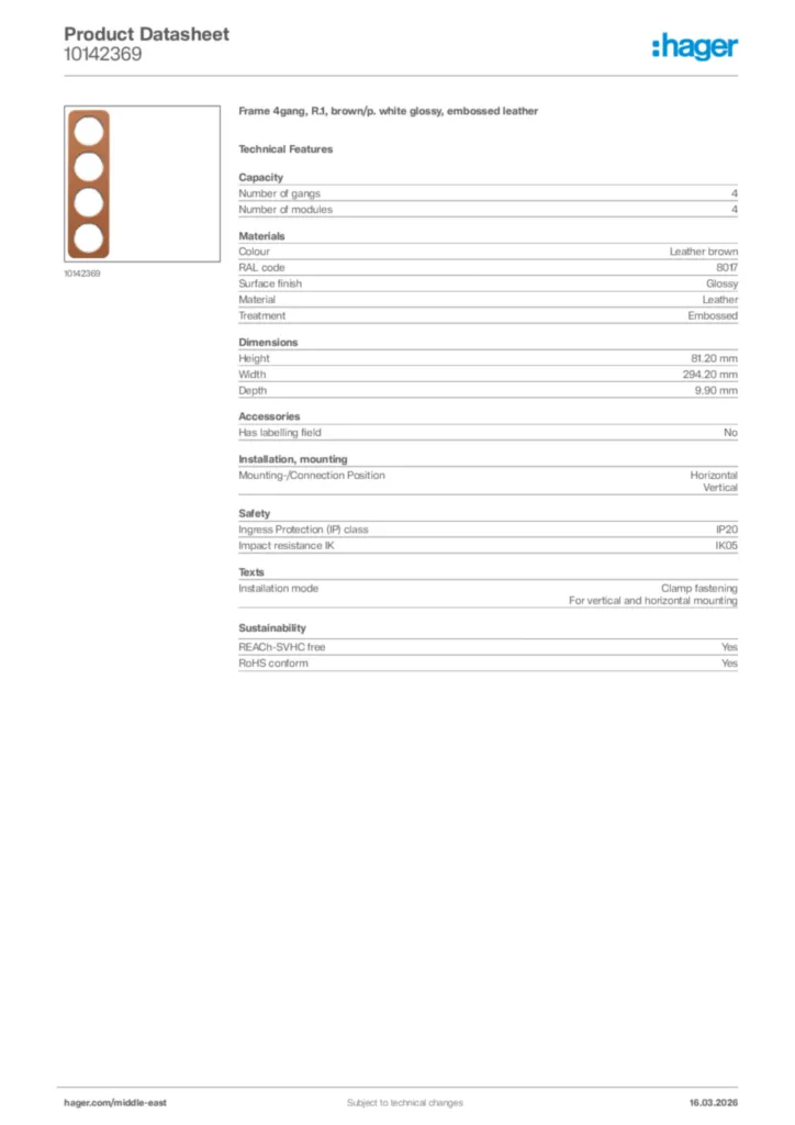 Image Hager Product data sheet 10142369  | Hager