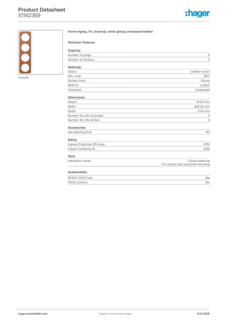 Image Hager Product data sheet 10142369  | Hager