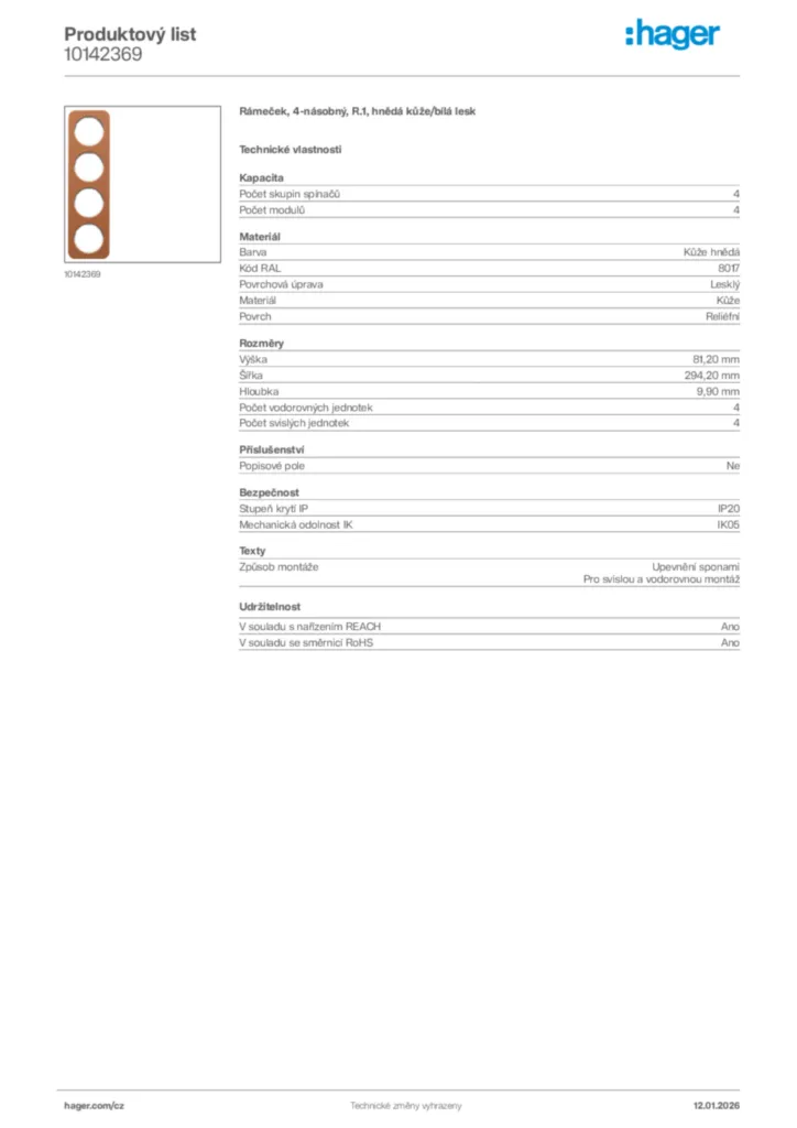 Obrázek Hager Product data sheet 10142369 | Hager