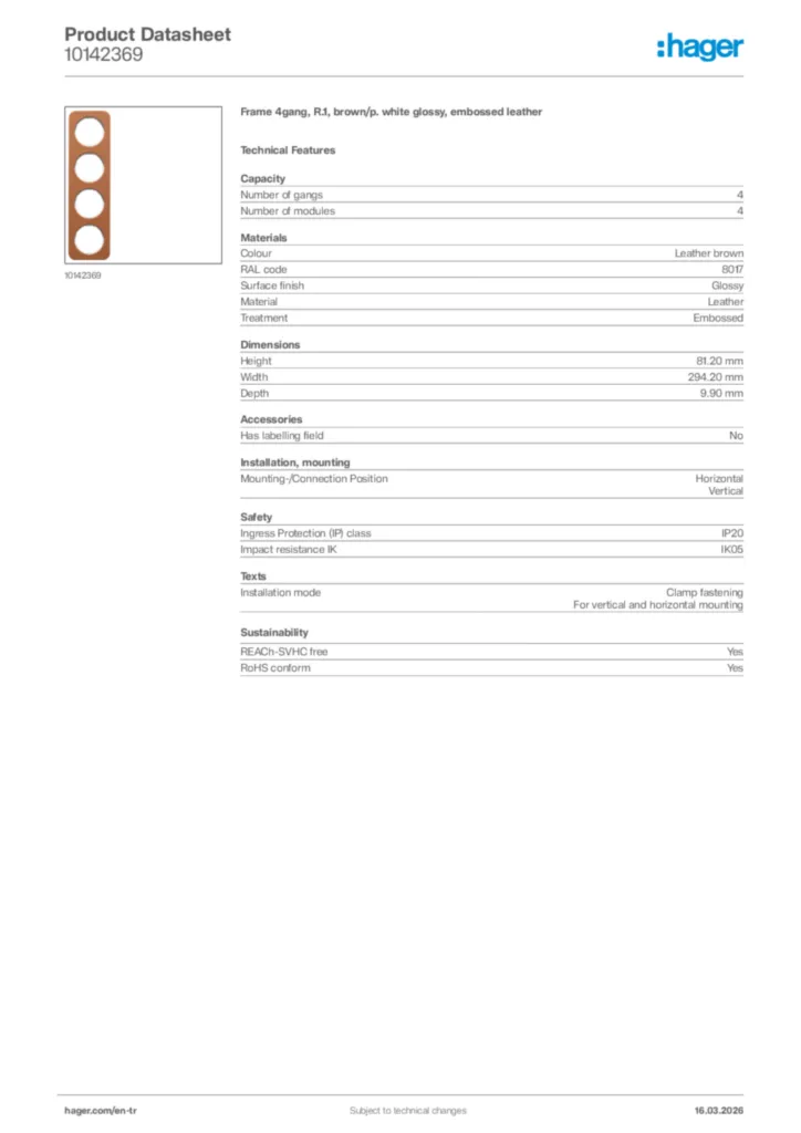 Image Hager Product data sheet 10142369  | Hager
